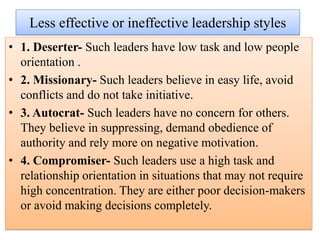 Less effective or ineffective leadership styles
• 1. Deserter- Such leaders have low task and low people
orientation .
• 2. Missionary- Such leaders believe in easy life, avoid
conflicts and do not take initiative.
• 3. Autocrat- Such leaders have no concern for others.
They believe in suppressing, demand obedience of
authority and rely more on negative motivation.
• 4. Compromiser- Such leaders use a high task and
relationship orientation in situations that may not require
high concentration. They are either poor decision-makers
or avoid making decisions completely.
 