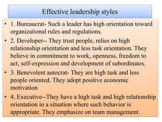 Effective leadership styles
• 1. Bureaucrat- Such a leader has high orientation toward
organizational rules and regulations.
• 2. Developer-- They trust people, relies on high
relationship orientation and less task orientation. They
believe in commitment to work, openness, freedom to
act, self-expression and development of subordinates.
• 3. Benevolent autocrat- They are high task and less
people oriented. They adopt positive economic
motivation
• 4. Executive--They have a high task and high relationship
orientation in a situation where such behavior is
appropriate. They emphasize on team management.
 