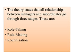 • The theory states that all relationships
between managers and subordinates go
through three stages. These are:
• Role-Taking
• Role-Making
• Routinization
 