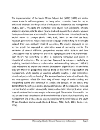 Philosophy of Leadership and Management in Education Page 6
The implementation of the South African Schools Act (SASA) (19...