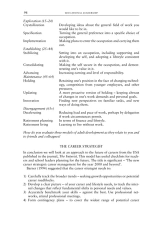 Exploration (15–24)
Crystallization Developing ideas about the general field of work you
would like to be in.
Specification Turning the general preference into a specific choice of
occupation.
Implementation Making plans to enter the occupation and carrying them
out.
Establishing (25–44)
Stabilizing Setting into an occupation, including supporting and
developing the self, and adopting a lifestyle consistent
with it.
Consolidating Making the self secure in the occupation, and demon-
strating one’s value in it.
Advancing Increasing earning and level of responsibility.
Maintenance (45–64)
Holding Retaining one’s position in the face of changing technol-
ogy, competition from younger employees, and other
pressures.
Updating A more proactive version of holding – keeping abreast
of changes in one’s work demands and personal goals.
Innovation Finding new perspectives on familiar tasks, and new
ways of doing them.
Disengagement (65+)
Decelerating Reducing load and pace of work, perhaps by delegation
if work circumstances permit.
Retirement planning In terms of finance and lifestyle.
Retirement living Learning to live without work.
How do you evaluate these models of adult development as they relate to you and
to friends and colleagues?
THE CAREER STRATEGIST
In conclusion we will look at an approach to the future of careers from the USA
published in the journal, The Futurist. This model has useful checklists for teach-
ers and school leaders planning for the future. The title is significant – ‘The new
career strategist: career management for the year 2000 and beyond’.
Barner (1994) suggested that the career strategist needs to:
1) Carefully track the broader trends – seeking growth opportunities or potential
career roadblocks.
2) Develop a clear picture – of your career and lifestyle needs, to track the inter-
nal changes that reflect fundamental shifts in personal needs and values.
3) Accurately benchmark your skills – against the best. Use professional net-
works, attend professional meetings.
4) Form contingency plans – to cover the widest range of potential career
EDUCATIONAL LEADERSHIP
94
8615book.qxd 18-Apr-04 11:32 PM Page 94
 