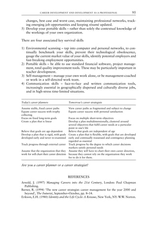 changes, best case and worst case, maintaining professional networks, track-
ing emerging job opportunities and keeping résumé updated.
5) Develop your portable skills – rather than solely the contextual knowledge of
the workings of your own organization.
There are four associated key survival skills
1) Environmental scanning – tap into computer and personal networks, to con-
tinually benchmark your skills, prevent their technological obsolescence,
gauge the current market value of your skills, identify potential employers and
fast-breaking employment opportunities.
2) Portable skills – be able to use standard financial software, project manage-
ment, total quality improvement tools. These may be particularly important in
teacher development.
3) Self-management – manage your own work alone, or be management-coached
or work in a self-directed work team.
4) Communication skills – face-to-face and written communication tools,
increasingly essential in geographically dispersed and culturally diverse jobs,
and in high-stress time-limited situations.
Today’s career planners Tomorrow’s career strategists
Assume stable, fixed career paths View career paths as fragmented and subject to change
Equate career success with trophy Equate career success with personal satisfaction
collecting
Focus on fixed long-term goals Focus on multiple short-term objectives
Create a plan that is linear Develop a plan multidimensionally, clustered around
several objectives that fulfil career needs at a particular
point in one’s life
Believe that goals are age-dependent Believe that goals are independent of age
Develop a plan that is rigid, with goals Create a plan that is flexible, with goals that are developed
developed early and never re-examined early and continually reassessed and contingency planning
regarded as essential
Track progress through external career Track progress by the degree to which career decisions
markers satisfy personal needs
Assume that the organization that they Assume they will have to chart their own career direction,
work for will chart their career direction because they cannot rely on the organization they work
for to do it for them.
Are you a career planner or a career strategist?
REFERENCES
Arnold, J. (1997) Managing Careers into the 21st Century, London: Paul Chapman
Publishing.
Barner, R. (1994) ‘The new career strategist: career management for the year 2000 and
beyond’, The Futurist, September–October, pp. 8–14.
Erikson, E.H. (1980) Identity and the Life Cycle: A Reissue, New York, NY: W.W. Norton.
CAREER DEVELOPMENT AND DEVELOPMENT AS A PROFESSIONAL 95
8615book.qxd 18-Apr-04 11:32 PM Page 95
 