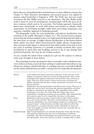 those who are outstanding leaders and performers in many different contexts (See
Chapter 5). Their distinctive development and research process was applied to
primary school leadership in England in 1999. The NCSL may have too much
invested in the Hay McBer research to use alternatives. The Hay McBer model
tends to focus on areas for development, assuming these will be the areas of rel-
ative weakness which need to be overcome. The Gallup approach, historically
based more substantially on work with leaders and teachers in schools, which
concentrates on developing strengths rather than overcoming weaknesses, may
represent a healthier approach to leadership growth.
The ideographic results for each headteacher and aspirant headteacher were
recorded on the profile illustrated in Figure 12.1. The research process demon-
strated that the teachers judged to have very high potential demonstrated skills at
the same level, on average, as highly effective headteachers in the themes defined
below which were those which characterized the highly effective headteachers.
This research would appear to demonstrate that when teachers have had at least
five years of teaching experience it is possible to further accelerate their career
development to move them into headship, and not to do so may damage their
professional growth. You may be one of these teachers.
As you consider the talents below evaluate for each one the evidence to demon-
strate your strengths in these themes.
The technology has been developed so that it is possible, with a telephone inter-
view of about an hour, to provide those seeking to understand talents that are sig-
nificant for primary school leadership. A coaching interview to provide feedback
on the talents defined below provides a strong basis for leadership development.
Mission A clear belief in the purpose and value of education. At the same time a clear
‘lifelong’ commitment to education and the teaching profession. These are the
headteachers who regularly communicate their particular values and sense of
worth. They focus all the school’s activities and processes on learning and
children. Selecting staff who share a similar commitment is for them one of their
primary functions.
Responsibility Headteachers who take psychological ownership for their actions. These are not
people who ‘pass the buck’ but instead take personal responsibility and follow
through on commitments and obligations. The responsibility theme enables
headteachers to live their own values. With their teachers they convey
responsibility by delegating ownership and accountability. They understand that
their authority stems from the responsibility they show to other people.
Focus Headteachers with focus possess a long-term plan for their school as well as
their career and personal life. They have a natural tendency to plan ahead,
frequently anticipating events and developing contingencies in preparation. They
are goal-oriented – setting themselves and others clear objectives which they
work towards in a consistent and direct fashion. Should they be ‘blown off
course’ they rapidly re-orientate themselves. Generally they are people who are
in control of their future.
Ideation/Concept High Concept headteachers are constantly feeding their minds with new ideas.
They spend time thinking about new ways of doing things and different
possibilities. They like to build linkages and connections between events, ideas
and opportunities. At the same time they are likely to stimulate others to think.
EDUCATIONAL LEADERSHIP
120
8615book.qxd 18-Apr-04 11:32 PM Page 120
 