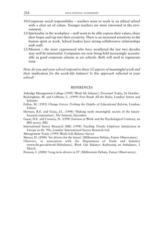 10)Corporate social responsibility – teachers want to work in an ethical school
with a clear set of values. Younger teachers are more interested in the envi-
ronment.
11)Spirituality in the workplace – staff want to be able express their values, share
their hopes and tap into their creativity. There is an increased sensitivity to the
human spirit at work. School leaders have strong collaborative relationships
with staff.
12)Mission – the more experienced who have weathered the last two decades
may well be mistrustful. Companies are now being held increasingly account-
able as good corporate citizens as are schools. Both will need to regenerate
trust.
How do you and your school respond to these 12 aspects of meaningful work and
their implication for the work–life balance? Is this approach reflected in your
school?
REFERENCES
Ashridge Management College (1999) ‘Work life balance’, Personnel Today, 26 October.
Buckingham, M. and Coffman, C. (1999) First Break All the Rules, London: Simon and
Schuster.
Fullan, M. (1993) Change Forces: Probing the Depths of Educational Reform, London:
Falmer.
Herman, R.E. and Gioia, J.L. (1998) ‘Making work meaningful: secrets of the future-
focused corporation’, The Futurist, December.
Guest, D.E. and Conway, N. (1998) Fairness at Work and the Psychological Contract, an
IPD survey. IPD.
International Survey Research (ISR) (1998) Tracking Trends: Employee Satisfaction in
Europe in the ’90s, London: International Survey Research Ltd.
Management Today (1999) Work–Life Balance Survey
Mercer, D. (2000) ‘Six drivers for the future’ (Millennium Debate, Future Observatory).
Observer, in association with the Department of Trade and Industry
(www.dti.gov.uk/work-lifebalance), Work Life Balance: Redressing an Imbalance, 3
March.
Pearson, I. (2000) ‘Long term drivers in IT’ (Millennium Debate, Future Observatory).
EDUCATIONAL LEADERSHIP
216
8615book.qxd 18-Apr-04 11:32 PM Page 216
 