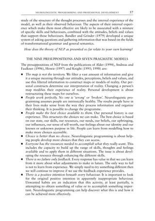 study of the structure of the thought processes and the internal experience of the
model, as well as their observed behaviour. The aspects of their internal experi-
ence which make them most effective are likely to be associated with a mixture
of specific skills and behaviours, combined with the attitudes, beliefs and values
that support those behaviours. Bandler and Grinder (1979) developed a unique
system of asking questions and gathering information that was based on the fields
of transformational grammar and general semantics.
How does the theory of NLP as presented so far relate to your own learning?
THE NINE PRESUPPOSITIONS AND SEVEN PRAGMATIC MODELS
The presuppositions of NLP from the publications of Alder (1994), Andreas and
Faulkner (1996), Howie (1997) and Knight (1995; 1998) are:
● The map is not the territory. We filter a vast amount of information and give
it a unique meaning through our attitudes, perceptions, beliefs and values, and
use this filtered information to construct maps or models of reality. Our per-
sonal constructs determine our interpretation of reality. Changing a person’s
map modifies their experience of reality. Personal development is about
restructuring these maps for ourselves.
● People work perfectly. No one is ‘wrong’ or ‘broken’. Neurolinguistic pro-
gramming assumes people are intrinsically healthy. The results people have in
their lives make sense from the way they process information and organize
their thinking. It is possible to change the programme.
● People make the best choice available to them. Our personal history is our
experience. This structures the choices we can make. The best choice is based
on our state, our skills, our resources, our needs, our beliefs, our upbringing,
our influences, our sense of self-worth, our feelings about our identity and our
known or unknown purpose in life. People can learn from modelling how to
make more choices accessible.
● Choice is better than no choice. Neurolinguistic programming is about help-
ing people develop more choices that they can access.
● Everyone has the resources needed to accomplish what they really want. This
includes the capacity to build up the range of skills, thoughts and feelings
available and to apply them in different situations. The issue is about devel-
oping the resource through enhancing the different skills.
● There is no failure only feedback. Every response has value in that we can learn
from it more about what adjustments to make in future. The only way to fail
is not to learn from experience. We simply need to try something different then
we will continue to improve if we use the feedback experience provides.
● There is a positive intention beneath every behaviour. It is important to look
for the original positive intention in apparently inappropriate behaviour.
Unwanted habits are an indication that this activity, at least partially, is
attempting to obtain something of value or to accomplish something impor-
tant. Neurolinguistic programming can help discover what this is and how it
can be achieved more effectively.
NEUROLINGUISTIC PROGRAMMING AND PROFESSIONAL DEVELOPMENT 57
8615book.qxd 18-Apr-04 11:32 PM Page 57
 