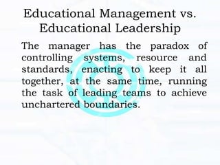Educational Management vs.
Educational Leadership
The manager has the paradox of
controlling systems, resource and
standards, enacting to keep it all
together, at the same time, running
the task of leading teams to achieve
unchartered boundaries.
 