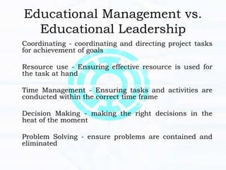 Educational Management vs.
Educational Leadership
Coordinating - coordinating and directing project tasks
for achievement of goals
Resource use - Ensuring effective resource is used for
the task at hand
Time Management - Ensuring tasks and activities are
conducted within the correct time frame
Decision Making - making the right decisions in the
heat of the moment
Problem Solving - ensure problems are contained and
eliminated
 