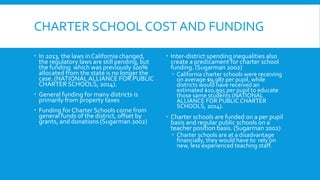 CHARTER SCHOOL COST AND FUNDING 
 In 2013, the laws in California changed, 
the regulatory laws are still pending, but 
the funding which was previously 100% 
allocated from the state is no longer the 
case. (NATIONAL ALLIANCE FOR PUBLIC 
CHARTER SCHOOLS, 2014). 
 General funding for many districts is 
primarily from property taxes 
 Funding for Charter Schools come from 
general funds of the district, offset by 
grants, and donations (Sugarman 2002) 
 Inter-district spending inequalities also 
create a predicament for charter school 
funding. (Sugarman 2002) 
 California charter schools were receiving 
on average $9,987 per pupil, while 
districts would have received an 
estimated $10,995 per pupil to educate 
those same students (NATIONAL 
ALLIANCE FOR PUBLIC CHARTER 
SCHOOLS, 2014). 
 Charter schools are funded on a per pupil 
basis and regular public schools on a 
teacher position basis. (Sugarman 2002) 
 Charter schools are at a disadvantage 
financially, they would have to rely on 
new, less experienced teaching staff. 
 
