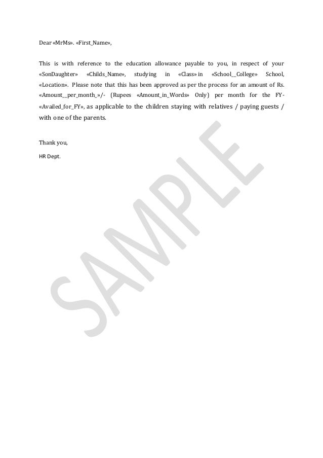 Education allowance letter staying with parent or pg or relative