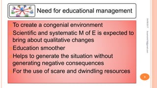 Need for educational management
To create a congenial environment
Scientific and systematic M of E is expected to
bring about qualitative changes
Education smoother
Helps to generate the situation without
generating negative consequences
For the use of scare and dwindling resources
04/08/2017fousimohd76@gmail.com
6
 