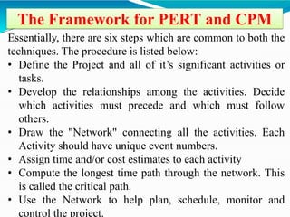 The Framework for PERT and CPM
Essentially, there are six steps which are common to both the
techniques. The procedure is listed below:
• Define the Project and all of it’s significant activities or
tasks.
• Develop the relationships among the activities. Decide
which activities must precede and which must follow
others.
• Draw the "Network" connecting all the activities. Each
Activity should have unique event numbers.
• Assign time and/or cost estimates to each activity
• Compute the longest time path through the network. This
is called the critical path.
• Use the Network to help plan, schedule, monitor and
control the project.
 