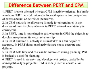 Difference Between PERT and CPM
1. PERT is event oriented whereas CPM is activity oriented. In simple
words, in PERT network interest is focused upon start or completion
of events and not on activities themselves.
2. In CPM network no allowance is made for uncertainties in the
duration of time involved whereas in PERT network uncertainty is
considered.
3. In PERT, time is not related to cost whereas in CPM the object is to
develop an optimum time cost relationship.
4. In CPM duration of activity is estimated with a fair degree of
accuracy. In PERT duration of activities are not so accurate and
definite.
5. In CPM both time and cost can be controlled during planning. Pert
is basically a tool for planning.
6. PERT is used in research and development project, basically for
non-repetitive type projects. CPM is widely used in construction
projects.
 