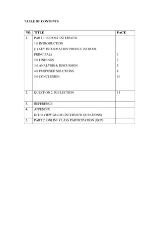 TABLE OF CONTENTS
NO. TITLE PAGE
1. PART 1: REPORT INTERVIEW
1.0 INTRODUCTION
(1) KEY INFORMATION PROFILE (SCHOOL
PRINCIPAL)
2.0 FINDINGS
3.0 ANALYSIS & DISCUSSION
4.0 PROPOSED SOLUTIONS
5.0 CONCLUSION
1
2
5
8
10
2. QUESTION 2: REFLECTION 11
3. REFERENCE
4. APPENDIX
INTERVIEW GUIDE (INTERVIEW QUESTIONS)
5. PART 2: ONLINE CLASS PARTICIPATION (OCP)
 