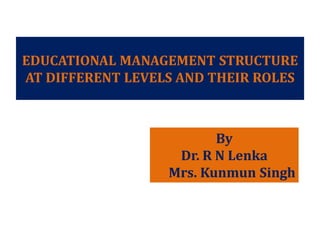 EDUCATIONAL MANAGEMENT STRUCTURE
AT DIFFERENT LEVELS AND THEIR ROLES
By
Dr. R N Lenka
Mrs. Kunmun Singh
 