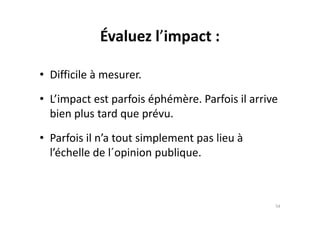 Évaluez l’impact :
• Difficile à mesurer.
• L’impact est parfois éphémère. Parfois il arrive
bien plus tard que prévu.bien plus tard que prévu.
• Parfois il n’a tout simplement pas lieu à
l’échelle de l´opinion publique.
54
 