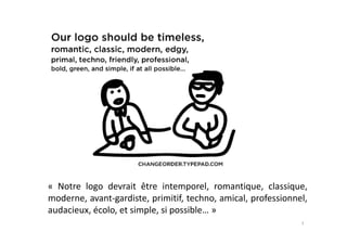 « Notre logo devrait être intemporel, romantique, classique,
moderne, avant-gardiste, primitif, techno, amical, professionnel,
audacieux, écolo, et simple, si possible… »
7
 