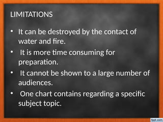 LIMITATIONS
• It can be destroyed by the contact of
water and fire.
• It is more time consuming for
preparation.
• It cannot be shown to a large number of
audiences.
• One chart contains regarding a specific
subject topic.
 