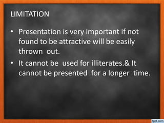 LIMITATION
• Presentation is very important if not
found to be attractive will be easily
thrown out.
• It cannot be used for illiterates.& It
cannot be presented for a longer time.
 