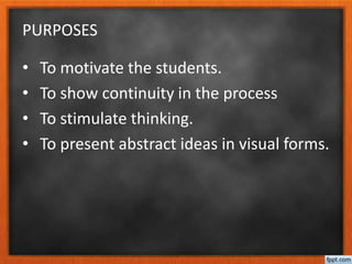 PURPOSES
• To motivate the students.
• To show continuity in the process
• To stimulate thinking.
• To present abstract ideas in visual forms.
 