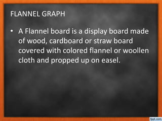 FLANNEL GRAPH
• A Flannel board is a display board made
of wood, cardboard or straw board
covered with colored flannel or woollen
cloth and propped up on easel.
 