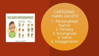 CARTOONS-
makes use of It
1. Personalized
humor
2. Fantasy
3. Incongruity
4. Satire
5. Exaggeration
 