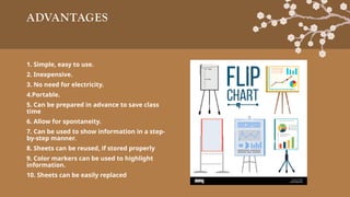 ADVANTAGES
1. Simple, easy to use.
2. Inexpensive.
3. No need for electricity.
4.Portable.
5. Can be prepared in advance to save class
time
6. Allow for spontaneity.
7. Can be used to show information in a step-
by-step manner.
8. Sheets can be reused, if stored properly
9. Color markers can be used to highlight
information.
10. Sheets can be easily replaced
 