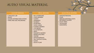 AUDIO VISUAL MATERIAL
AUDITORY MATERIAL
• LANGUAGE LAB
• RADIO
• SOUND DISTRIBUTION SYSTEM
• TAPES AND DISC RECORDING
VISUAL MATERIAL
• BULLETINBOARD
• CHALK BOARDS
• CHARTS
• DRAWINGS
• EXHIBITS
• FILMSTRIPS
• FLASH CARDS
• FLANNEL BOARDS
• FLIP BOOKS
• ILLUSTRATION
• MAPS
• MAGNETIC BOARDS
• MODELS’PICTIRES
• POSTER
• SPHOTOGRFAPHS
• SELF INSTRUCTIONAL
• SLIDES
• SILENT FILMS
AUDIO VISUAL MATERIAL
• DEMONSTRATIONS
• FILMS
• PRINTED MATERIALS WITH
RECORDED SOUNDS
• STUDY TRIPS
• TELEVISONS’
• VIDEOTAPES
 