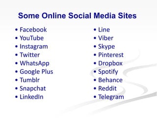 Some Online Social Media Sites
• Facebook
• YouTube
• Instagram
• Twitter
• WhatsApp
• Google Plus
• Tumblr
• Snapchat
• LinkedIn
• Line
• Viber
• Skype
• Pinterest
• Dropbox
• Spotify
• Behance
• Reddit
• Telegram
 
