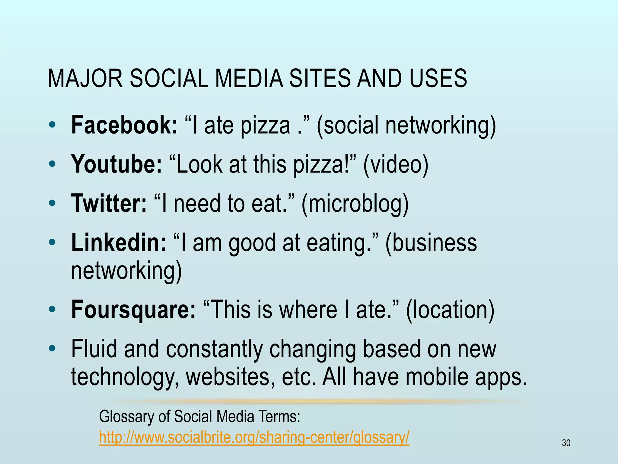 MAJOR SOCIAL MEDIA SITES AND USES
• Facebook: “I ate pizza .” (social networking)
• Youtube: “Look at this pizza!” (video)
• Twitter: “I need to eat.” (microblog)
• Linkedin: “I am good at eating.” (business
networking)
• Foursquare: “This is where I ate.” (location)
• Fluid and constantly changing based on new
technology, websites, etc. All have mobile apps.
Glossary of Social Media Terms:
http://www.socialbrite.org/sharing-center/glossary/ 30
 