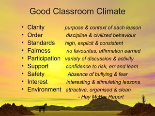 Good Classroom Climate
• Clarity purpose & context of each lesson
• Order discipline & civilized behaviour
• Standards high, explicit & consistent
• Fairness no favourites, affirmation earned
• Participation variety of discussion & activity
• Support confidence to risk, err and learn
• Safety Absence of bullying & fear
• Interest interesting & stimulating lessons
• Environment attractive, organised & clean
- Hay McBer Report
 