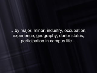 … by major, minor, industry, occupation, experience, geography, donor status, participation in campus life… 