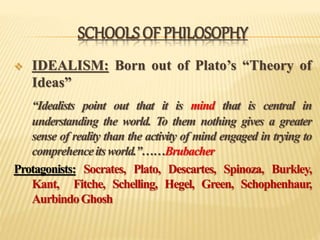 SCHOOLS OF PHILOSOPHY
 IDEALISM: Born out of Plato’s “Theory of
Ideas”
“Idealists point out that it is mind that is central in
understanding the world. To them nothing gives a greater
sense of reality than the activity of mind engaged in trying to
comprehenceitsworld.”……Brubacher
Protagonists: Socrates, Plato, Descartes, Spinoza, Burkley,
Kant, Fitche, Schelling, Hegel, Green, Schophenhaur,
AurbindoGhosh
 