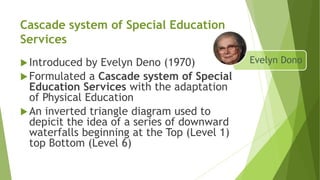 Cascade system of Special Education
Services
Introduced by Evelyn Deno (1970)
Formulated a Cascade system of Special
Education Services with the adaptation
of Physical Education
An inverted triangle diagram used to
depicit the idea of a series of downward
waterfalls beginning at the Top (Level 1)
top Bottom (Level 6)
Evelyn Dono
 
