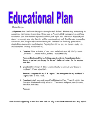 Denise Hawkes

  Assignment: You should now have your career plan well defined. The next step is to develop an
  educational plan to make it come true. If you need an AA or AAS (2 year degree) or certificate
  to complete your plan then this is your educational goal, if you need a bachelors degree (4 year
  degree) to complete your plan then this will be your educational goal. In either case you need an
  educational plan; this plan will consist of three parts. Complete the following questions and
  attached this document to your Education Plan drop box: (if you have not chosen a major yet,
  choose one that you may be interested in)

             1. Question: What is the title of your career and what is your job title? (example,
                Career title – Criminal Justice, Job title – Police Officer.)

                Answer: Registered Nurse. Taking care of patients, Assigning medicine
                dosage to patients, setting up the doctor’s daily work chart for the hospital
                board etc

             2. Question: How long will it take you realistically to complete your degree or
                certificate? (Create a timeline).

                Answer: Two years for my A.S. Degree. Two more years for my Bachelor’s
                Degree, total of four years.

             3. Question: Attach a copy of your official Education Plan. (You will get this plan
                from your Student or Faculty Advisor). (You can cut and paste your electronic
                education plan here).

                Answer:




Note: Courses appearing in more than one area can only be modified in the first area they appear.
 