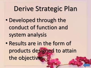 Derive Strategic Plan
• Developed through the
conduct of function and
system analysis
• Results are in the form of
products designed to attain
the objectives
 