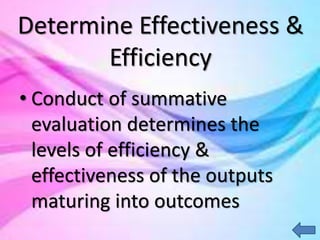 Determine Effectiveness &
Efficiency
• Conduct of summative
evaluation determines the
levels of efficiency &
effectiveness of the outputs
maturing into outcomes
 