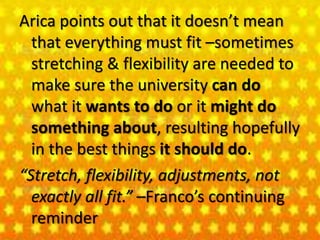 Arica points out that it doesn’t mean
that everything must fit –sometimes
stretching & flexibility are needed to
make sure the university can do
what it wants to do or it might do
something about, resulting hopefully
in the best things it should do.
“Stretch, flexibility, adjustments, not
exactly all fit.” –Franco’s continuing
reminder
 