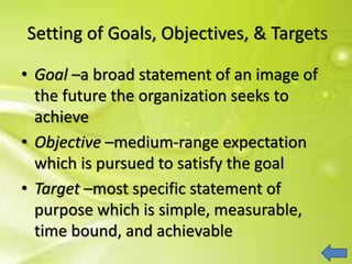 Setting of Goals, Objectives, & Targets
• Goal –a broad statement of an image of
the future the organization seeks to
achieve
• Objective –medium-range expectation
which is pursued to satisfy the goal
• Target –most specific statement of
purpose which is simple, measurable,
time bound, and achievable
 