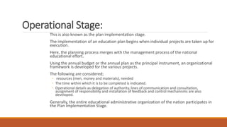 Operational Stage:
This is also known as the plan implementation stage.
The implementation of an education plan begins when individual projects are taken up for
execution.
Here, the planning process merges with the management process of the national
educational effort.
Using the annual budget or the annual plan as the principal instrument, an organizational
framework is developed for the various projects.
The following are considered;
◦ resources (men, money and materials), needed
◦ The time within which it is to be completed is indicated.
◦ Operational details as delegation of authority, lines of communication and consultation,
assignment of responsibility and installation of feedback and control mechanisms are also
developed.
Generally, the entire educational administrative organization of the nation participates in
the Plan Implementation Stage.
 