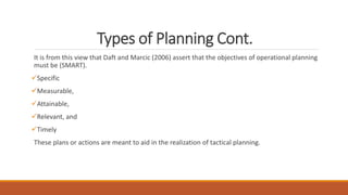 Types of Planning Cont.
It is from this view that Daft and Marcic (2006) assert that the objectives of operational planning
must be (SMART).
Specific
Measurable,
Attainable,
Relevant, and
Timely
These plans or actions are meant to aid in the realization of tactical planning.
 