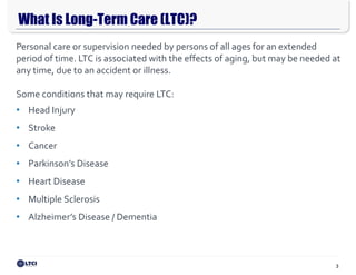 3
What Is Long-Term Care (LTC)?
$165,000
$91,000
$15,600
Personal care or supervision needed by persons of all ages for an extended
period of time. LTC is associated with the effects of aging, but may be needed at
any time, due to an accident or illness.
Some conditions that may require LTC:
• Head Injury
• Stroke
• Cancer
• Parkinson’s Disease
• Heart Disease
• Multiple Sclerosis
• Alzheimer’s Disease / Dementia
 