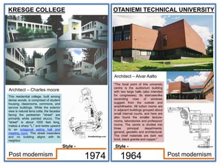 KRESGE COLLEGE
Architect – Charles moore
1974
OTANIEMI TECHNICAL UNIVERSITY
Architect – Alvar Aalto
1964 Post modernism
Post modernism
"The focal point of this university
centre is the auditorium building
with two large halls (also intended
for congresses). Its staircase-like
ascending rows of windows
suggest from the outside and
amphitheatre. All tuition rooms are
in adjacent buildings grouped about
small internal courts, and here are
also found the smaller lecture-
rooms, laboratories and professors'
rooms. The centre is divided into
three principal departments:
general, geodetic and architectural.
The chief materials are dark red
brick, black granite and copper."
This residential college, built among
dense woods, is comprised of student
housing, classrooms, commons, and
service buildings. While the exterior
view is natural terra cotta, the facades
facing the pedestrian "street" are
primarily white painted stucco. The
"street" is about 1000 feet long,
makes a sharp "L," and twists upward
to an octagonal eating hall and
meeting room. This street meanders
and no building aligns with its
neighbor.
Style -
Style -
 