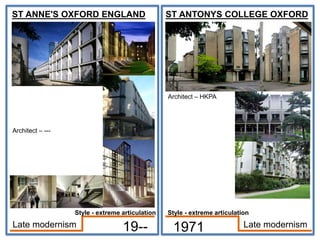 ST ANNE'S OXFORD ENGLAND
Architect – ---
19--
ST ANTONYS COLLEGE OXFORD
Architect – HKPA
1971 Late modernism
Late modernism
Style - extreme articulation
Style - extreme articulation
 