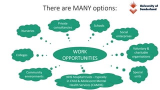 There are MANY options:
Nurseries
Schools
Voluntary &
charitable
organisations
Private
consultancies
NHS hospital trusts – typically
in Child & Adolescent Mental
Health Services (CAMHS)
Community
environments
Special
units
Colleges
Social
enterprises
WORK
OPPORTUNITIES
 