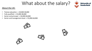 What about the salary?
About the UK:
• Trainee education -> 20,000-30,000
• Fully qualified -> 35,000-48,000
• Senior and principal -> 44,000-60,000
• Senior and management-level -> 55,000-64,000
 