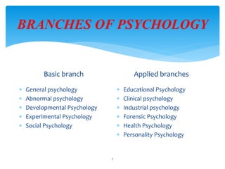 BRANCHES OF PSYCHOLOGY
Basic branch
 General psychology
 Abnormal psychology
 Developmental Psychology
 Experimental Psychology
 Social Psychology
Applied branches
 Educational Psychology
 Clinical psychology
 Industrial psychology
 Forensic Psychology
 Health Psychology
 Personality Psychology
7
 