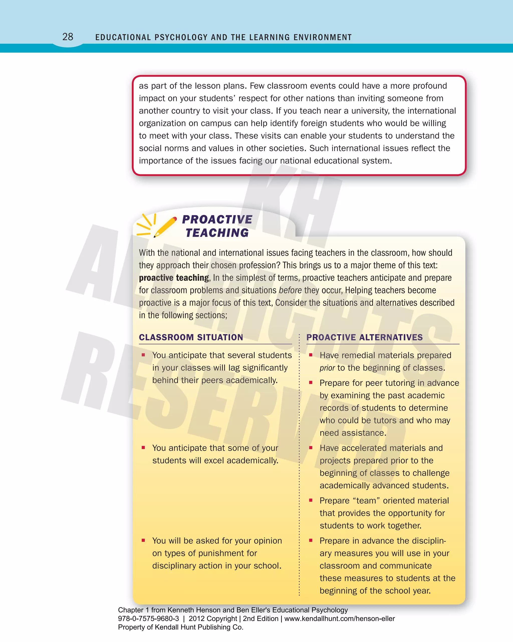 28 Educational Psychology and thE lEarning EnvironmEnt
as part of the lesson plans. Few classroom events could have a more profound
impact on your students’ respect for other nations than inviting someone from
another country to visit your class. If you teach near a university, the international
organization on campus can help identify foreign students who would be willing
to meet with your class. These visits can enable your students to understand the
social norms and values in other societies. Such international issues reﬂect the
importance of the issues facing our national educational system.
With the national and international issues facing teachers in the classroom, how should
they approach their chosen profession? This brings us to a major theme of this text:
proactive teaching, In the simplest of terms, proactive teachers anticipate and prepare
for classroom problems and situations before they occur, helping teachers become
proactive is a major focus of this text, consider the situations and alternatives described
in the following sections;
PROACTIVE
TEACHING
PROACTIVE ALTERNATIVES
■■ Have remedial materials prepared
prior to the beginning of classes.
■■ Prepare for peer tutoring in advance
by examining the past academic
records of students to determine
who could be tutors and who may
need assistance.
■■ Have accelerated materials and
projects prepared prior to the
beginning of classes to challenge
academically advanced students.
■■ Prepare “team” oriented material
that provides the opportunity for
students to work together.
■■ Prepare in advance the disciplin-
ary measures you will use in your
classroom and communicate
these measures to students at the
beginning of the school year.
CLASSROOM SITUATION
■■ You anticipate that several students
in your classes will lag signiﬁcantly
behind their peers academically.
■■ You anticipate that some of your
students will excel academically.
■■ You will be asked for your opinion
on types of punishment for
disciplinary action in your school.
Henson_Educational_Psychology02E_Ch01_Printer.indd 28 22/03/12 10:13 PM
Chapter 1 from Kenneth Henson and Ben Eller's Educational Psychology
978-0-7575-9680-3 | 2012 Copyright | 2nd Edition | www.kendallhunt.com/henson-eller
Property of Kendall Hunt Publishing Co.
 