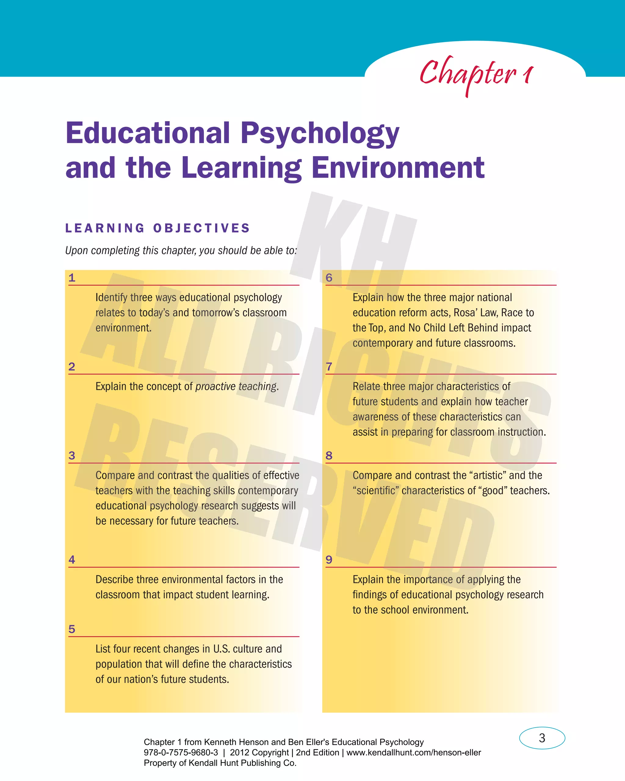 3
L E A R N I N G O B J E C T I V E S
Upon completing this chapter, you should be able to:
1
Identify three ways educational psychology
relates to today’s and tomorrow’s classroom
environment.
2
Explain the concept of proactive teaching.
3
compare and contrast the qualities of effective
teachers with the teaching skills contemporary
educational psychology research suggests will
be necessary for future teachers.
4
Describe three environmental factors in the
classroom that impact student learning.
5
List four recent changes in U.S. culture and
population that will define the characteristics
of our nation’s future students.
6
Explain how the three major national
education reform acts, rosa’ Law, race to
the Top, and no child Left behind impact
contemporary and future classrooms.
7
relate three major characteristics of
future students and explain how teacher
awareness of these characteristics can
assist in preparing for classroom instruction.
8
compare and contrast the “artistic” and the
“scientific” characteristics of “good” teachers.
9
Explain the importance of applying the
findings of educational psychology research
to the school environment.
Educational Psychology
and the Learning Environment
Chapter 1
Henson_Educational_Psychology02E_Ch01_Printer.indd 3 22/03/12 10:12 PM
Chapter 1 from Kenneth Henson and Ben Eller's Educational Psychology
978-0-7575-9680-3 | 2012 Copyright | 2nd Edition | www.kendallhunt.com/henson-eller
Property of Kendall Hunt Publishing Co.
 