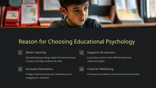 Reason for Choosing Educational Psychology
1 Better Learning
Educational psychology helps find the best ways
to teach and help students do well.
2 Supports All Learners
It provides tools to meet different learning
needs and styles.
3 Increases Motivation
It helps make learning more interesting and
engaging for students.
4 Cares for Well-being
It focuses on students’ emotional and social needs.
 