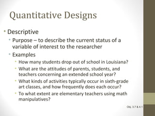 Quantitative Designs
• Descriptive
• Purpose – to describe the current status of a
variable of interest to the researcher
• Examples
• How many students drop out of school in Louisiana?
• What are the attitudes of parents, students, and
teachers concerning an extended school year?
• What kinds of activities typically occur in sixth-grade
art classes, and how frequently does each occur?
• To what extent are elementary teachers using math
manipulatives?
Obj. 3.7 & 4.1
 